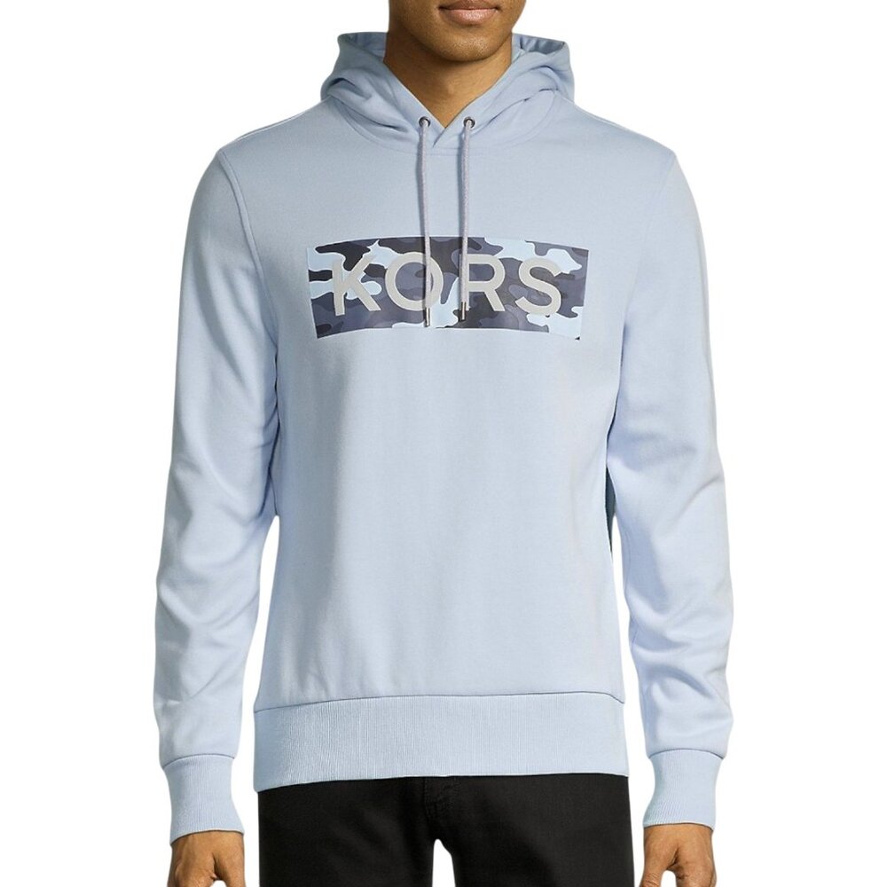 Michael Kors Graphic Cotton-Blend Hoodie Sweatshirt L Chambray Blue Camo Logo